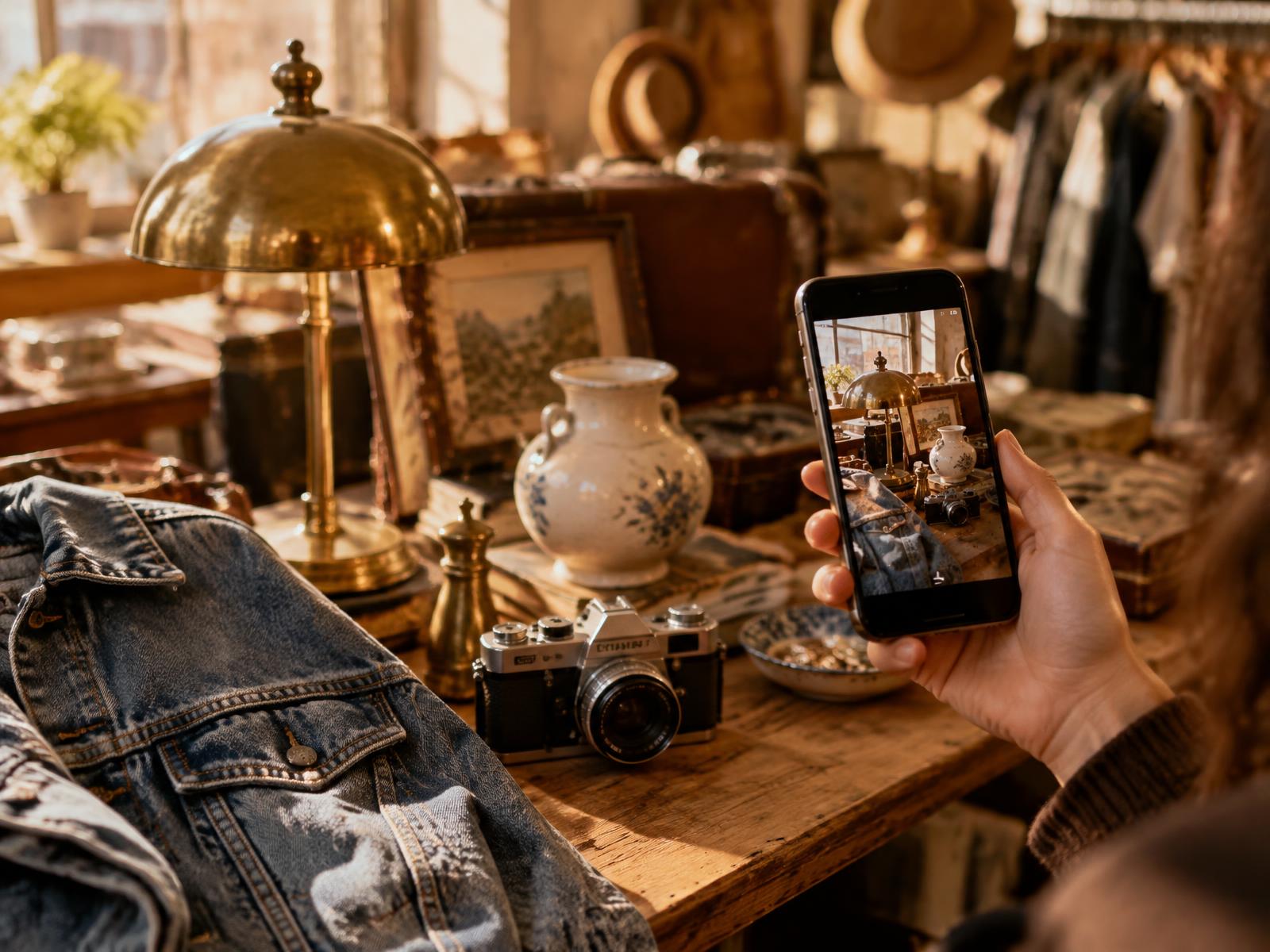 Shopper photographing vintage finds on a thrift store table