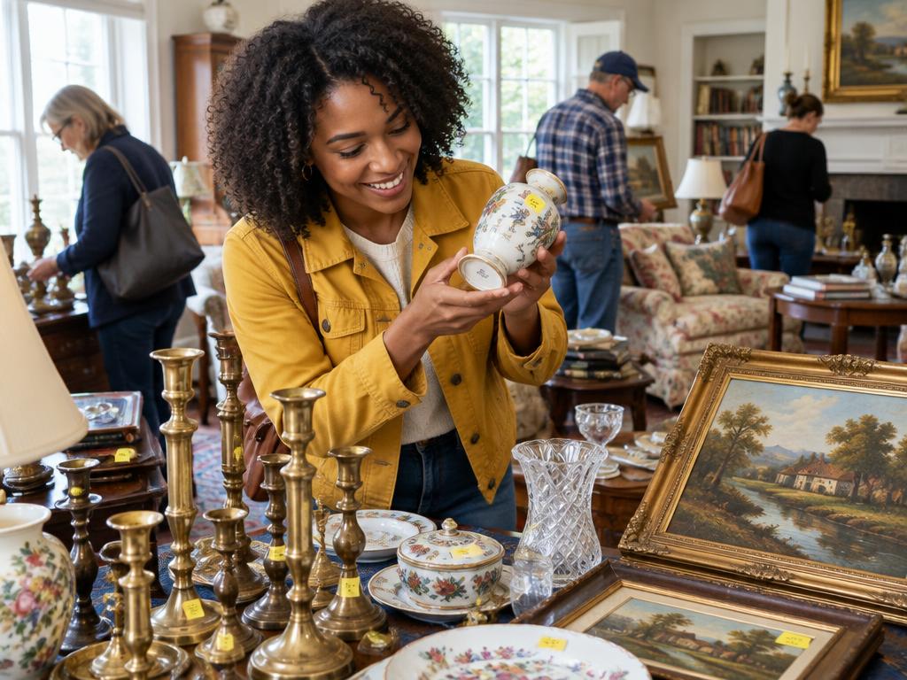 Shopper browsing treasures at an estate sale
