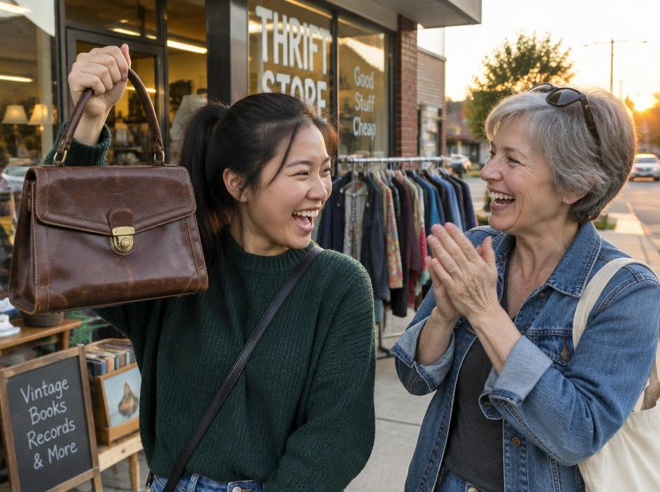 Friends celebrating and sharing a thrift-store find