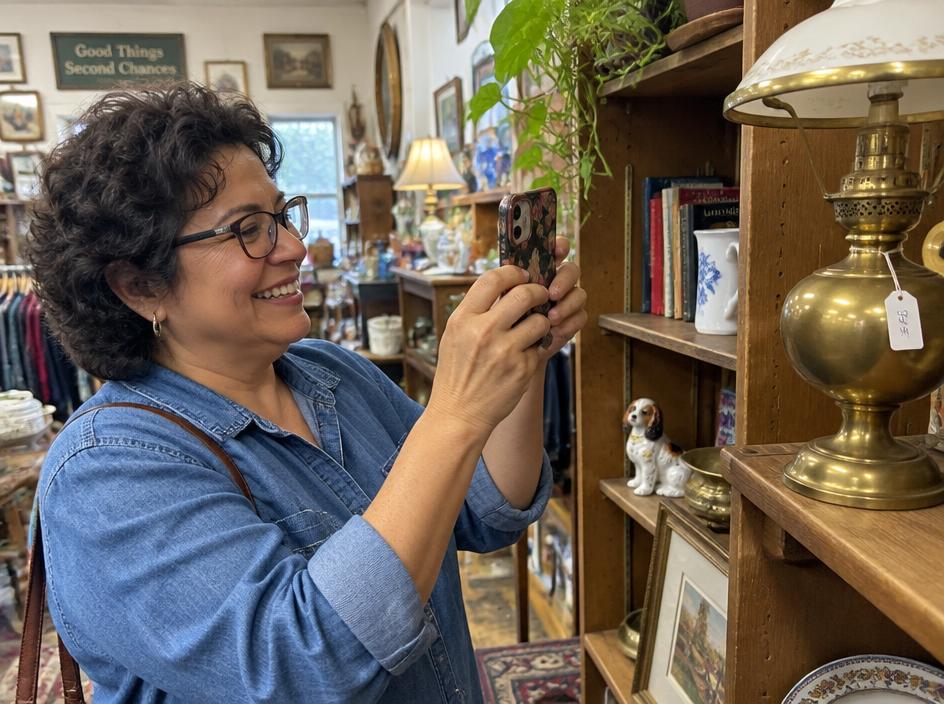 Excited shopper photographing a vintage find in a thrift store